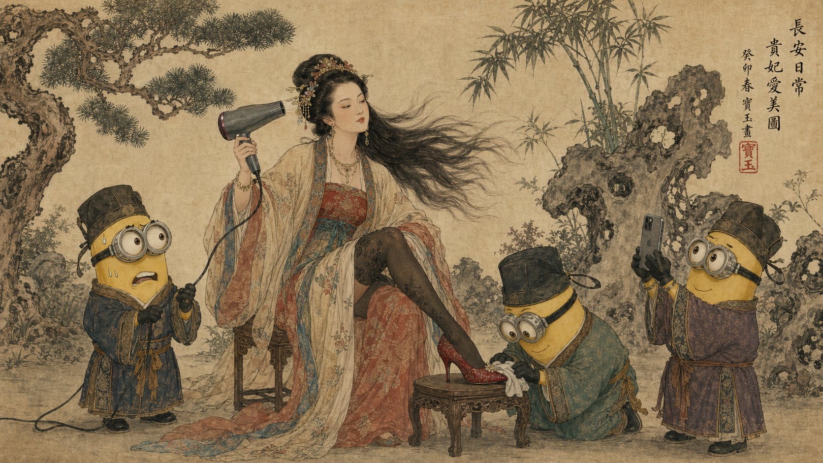 唐代贵妇与小黄人侍从 - GPTIMG2.ai image 1