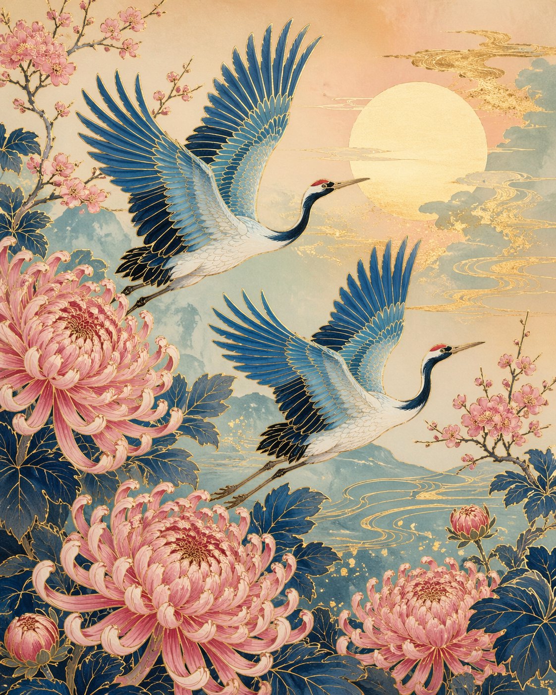 日式蓝鹤菊花高级印花 - GPTIMG2.ai image 1