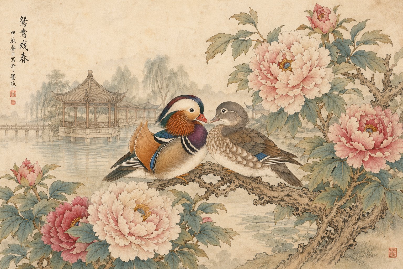 工笔鸳鸯牡丹花鸟画 - GPTIMG2.ai image 1