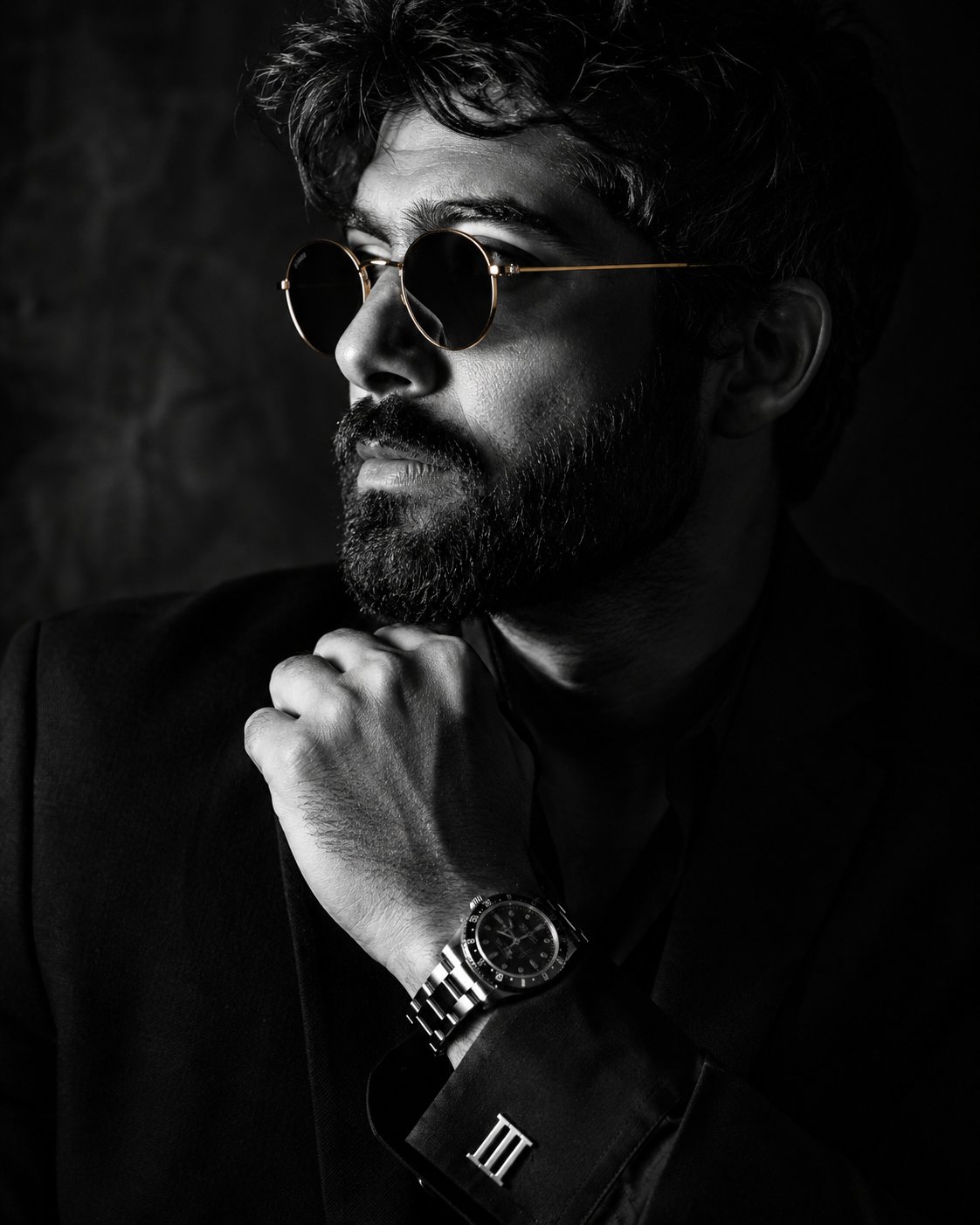 Dramatic Black White Studio Portrait Confident Bearded