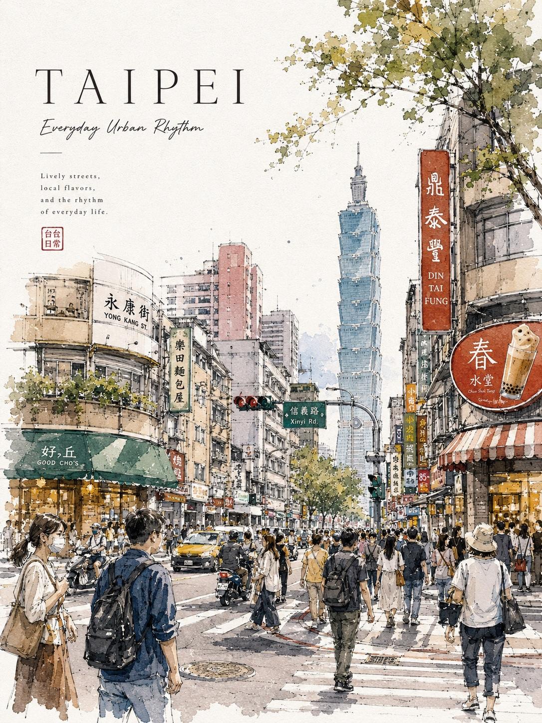 Detailed Watercolor Travel Poster Lively City Street