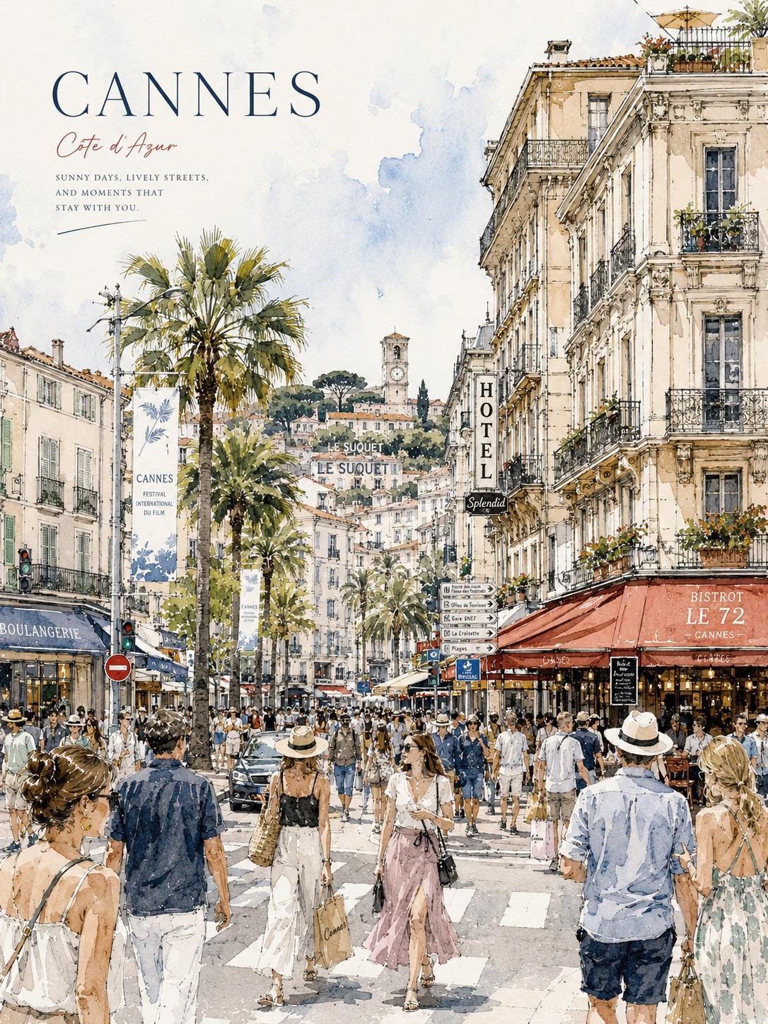 Detailed Watercolor Travel Poster Lively City Street 3