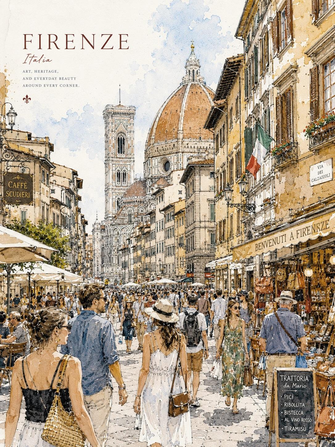 Detailed Watercolor Travel Poster Lively City Street 4