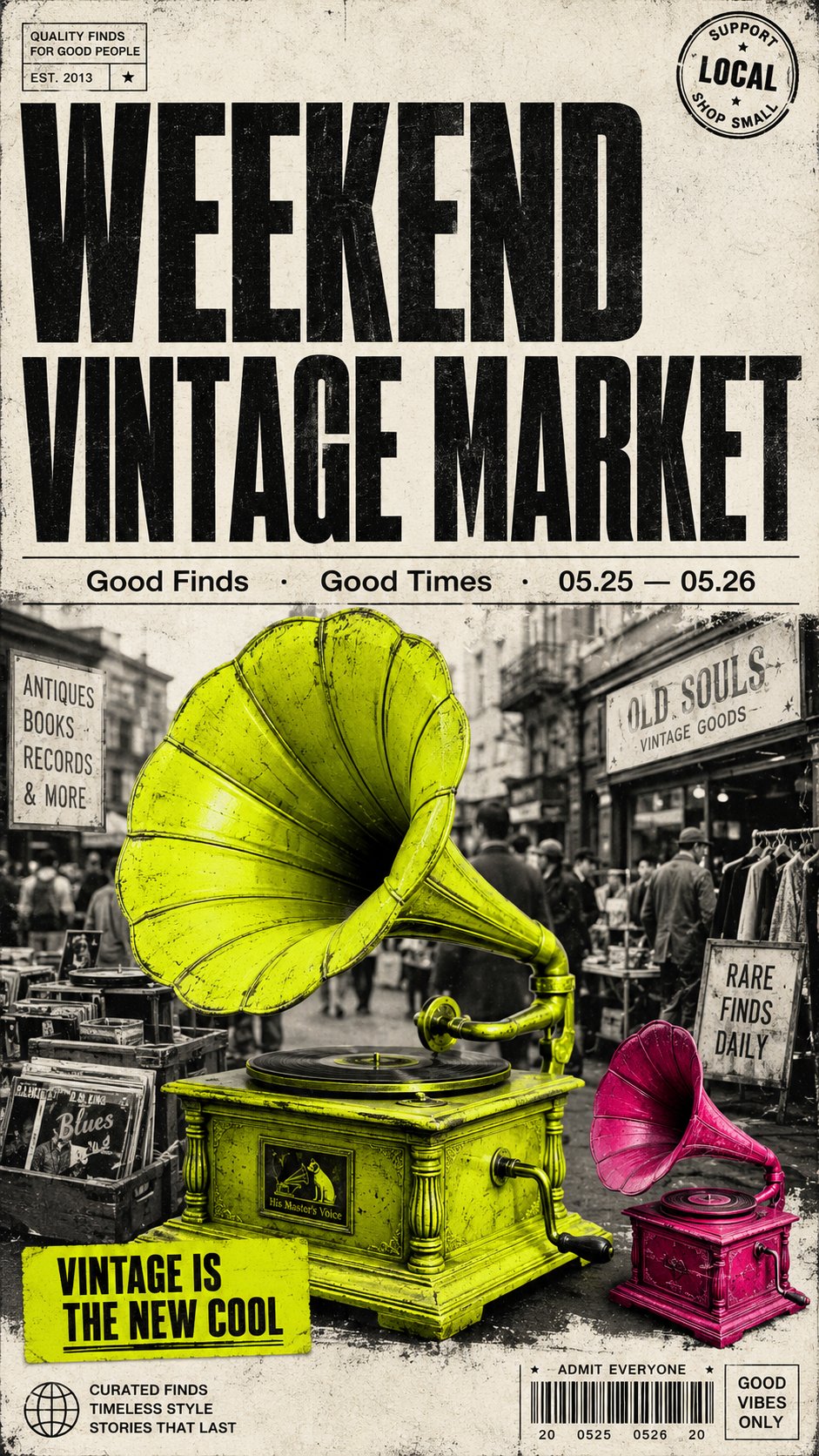 Ultra Striking Vertical Vintage Market Poster Combining