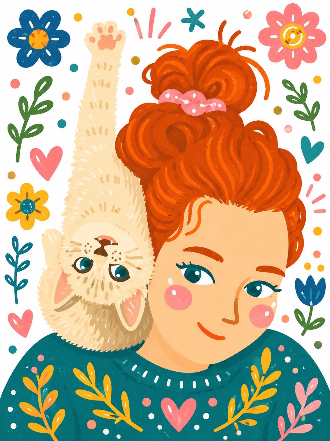Whimsical Hand Painted Illustration Cute Red Haired